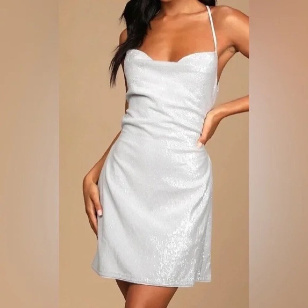 Lulus Sequins Dress Blue Sleeveless Tie Back Size Medium NWT